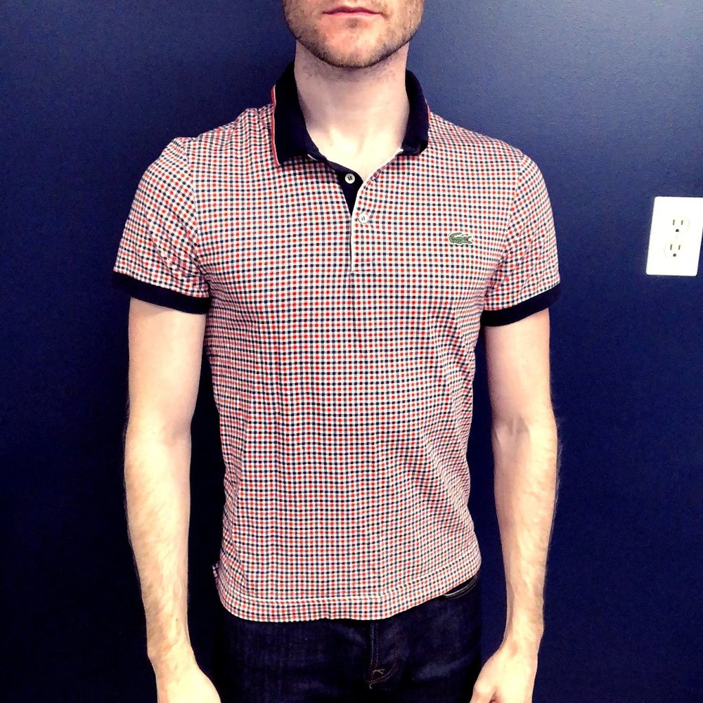 Lacoste 2 button blue and orange gingham polo